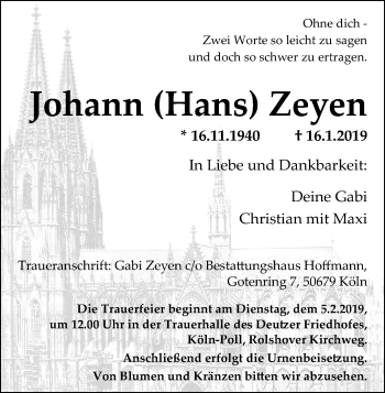 Anzeige von Johann Zeyen von Kölner Stadt-Anzeiger / Kölnische Rundschau / Express