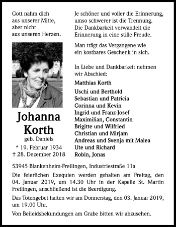 Anzeige von Johanna Korth von Kölner Stadt-Anzeiger / Kölnische Rundschau / Express