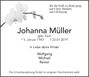 Anzeige von Johanna Müller von  Bergisches Handelsblatt 