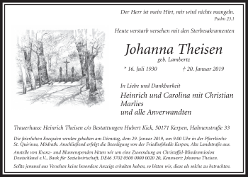 Anzeige von Johanna Theisen von  Sonntags-Post 