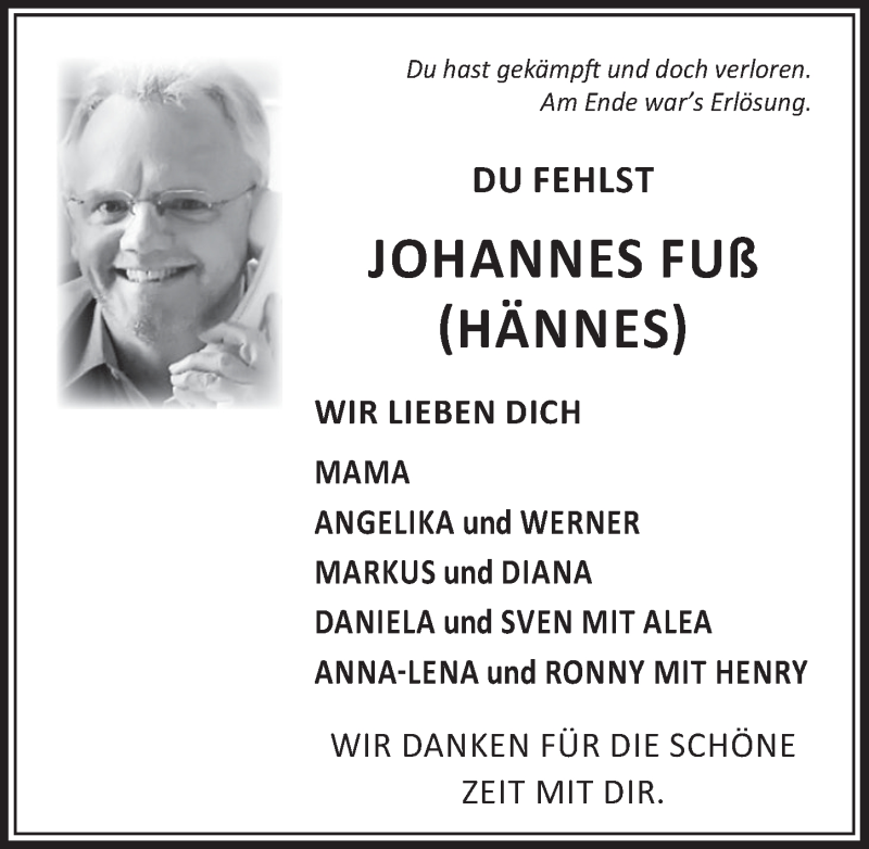 Traueranzeige für Johannes Fuß vom 05.01.2019 aus  Sonntags-Post 