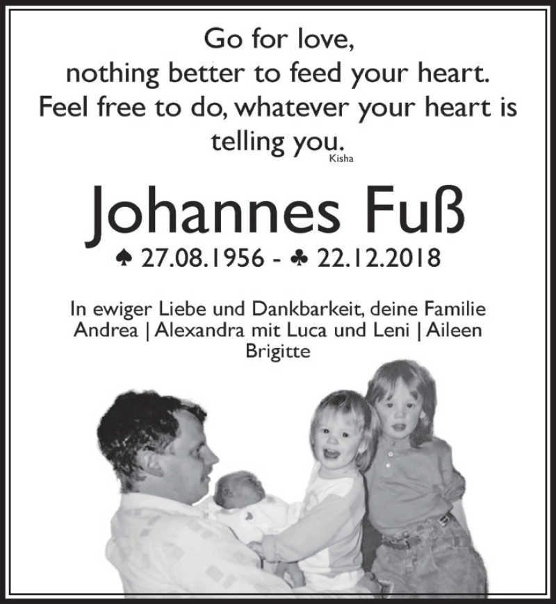  Traueranzeige für Johannes Fuß vom 12.01.2019 aus  Sonntags-Post 