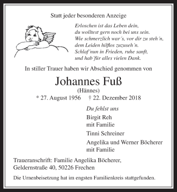 Anzeige von Johannes Fuß von  Wochenende 