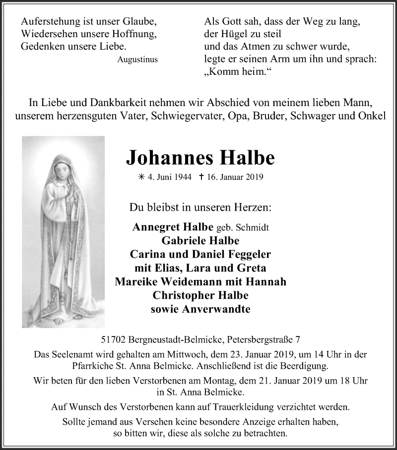  Traueranzeige für Johannes Halbe vom 19.01.2019 aus Kölner Stadt-Anzeiger / Kölnische Rundschau / Express