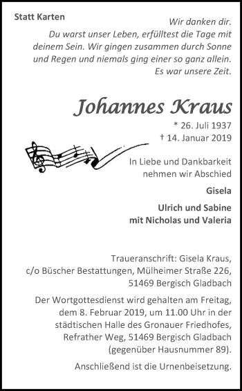 Anzeige von Johannes Kraus von Kölner Stadt-Anzeiger / Kölnische Rundschau / Express