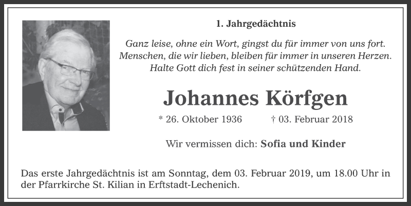  Traueranzeige für Johannes Körfgen vom 23.01.2019 aus  Werbepost 