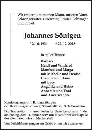 Anzeige von Johannes Söntgen von  Schlossbote/Werbekurier 
