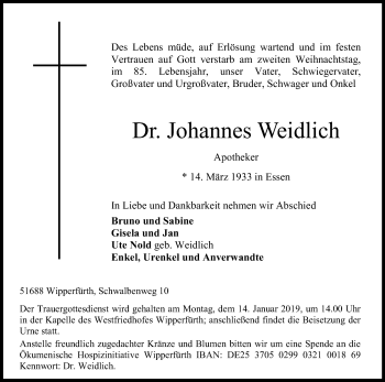 Anzeige von Johannes Weidlich von Kölner Stadt-Anzeiger / Kölnische Rundschau / Express