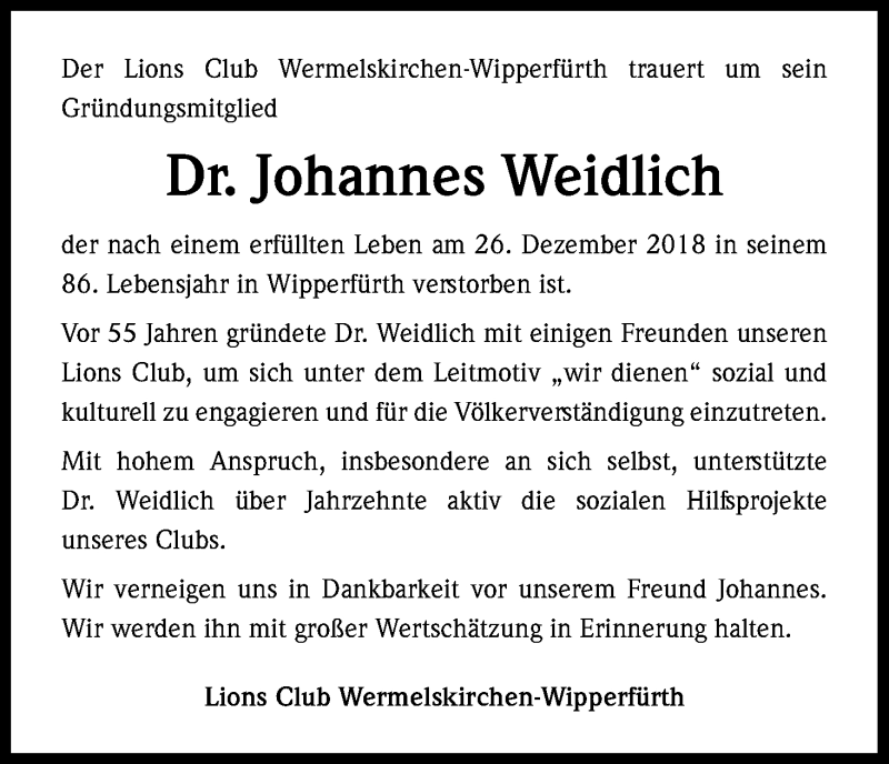  Traueranzeige für Johannes Weidlich vom 12.01.2019 aus Kölner Stadt-Anzeiger / Kölnische Rundschau / Express