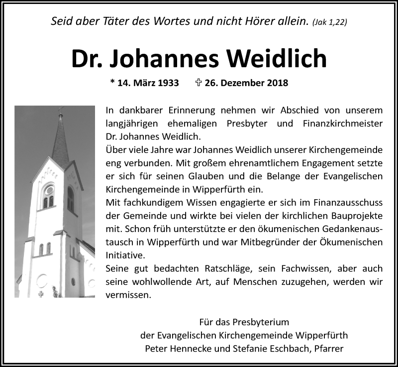  Traueranzeige für Johannes Weidlich vom 12.01.2019 aus Kölner Stadt-Anzeiger / Kölnische Rundschau / Express