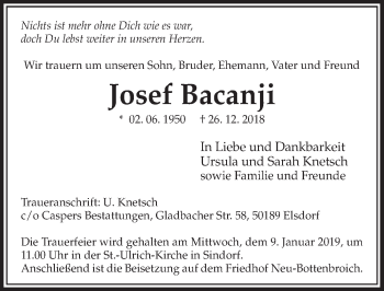 Anzeige von Josef Bacanji von  Sonntags-Post 