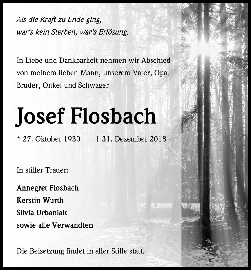  Traueranzeige für Josef Flosbach vom 05.01.2019 aus Kölner Stadt-Anzeiger / Kölnische Rundschau / Express
