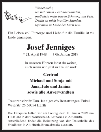 Anzeige von Josef Jenniges von  Wochenende 