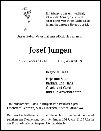 Anzeige von Josef Jungen von Kölner Stadt-Anzeiger / Kölnische Rundschau / Express