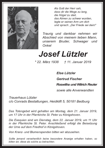 Anzeige von Josef Lützler von  Werbepost 