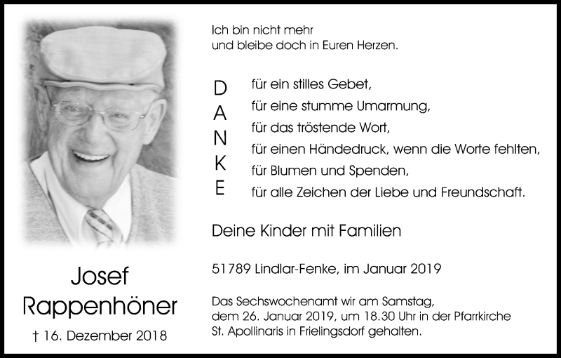  Traueranzeige für Josef Rappenhöner vom 19.01.2019 aus Kölner Stadt-Anzeiger / Kölnische Rundschau / Express