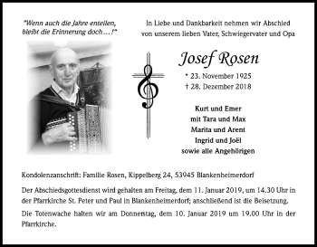 Anzeige von Josef Rosen von Kölner Stadt-Anzeiger / Kölnische Rundschau / Express