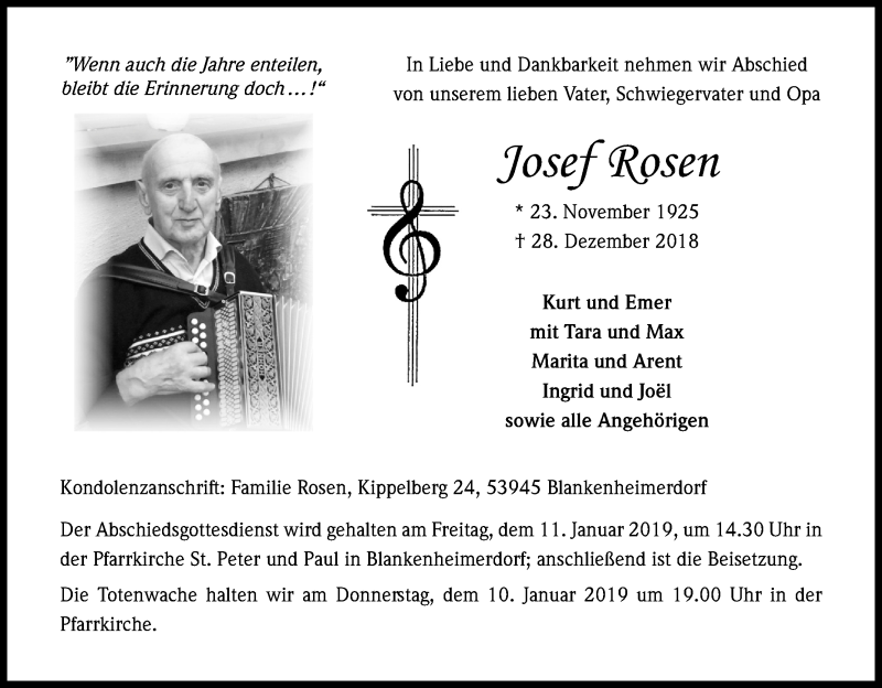  Traueranzeige für Josef Rosen vom 05.01.2019 aus Kölner Stadt-Anzeiger / Kölnische Rundschau / Express