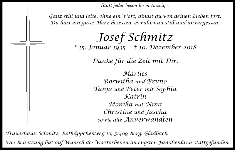  Traueranzeige für Josef Schmitz vom 15.01.2019 aus Kölner Stadt-Anzeiger / Kölnische Rundschau / Express