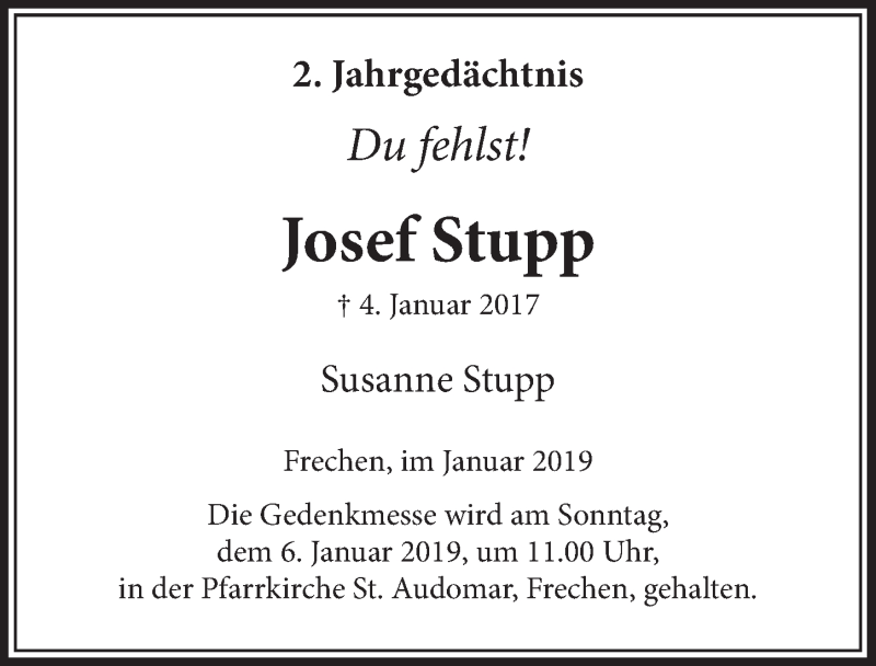  Traueranzeige für Josef Stupp vom 05.01.2019 aus  Sonntags-Post 