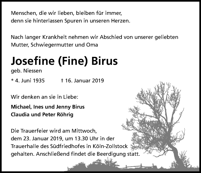  Traueranzeige für Josefine Birus vom 19.01.2019 aus Kölner Stadt-Anzeiger / Kölnische Rundschau / Express