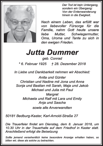 Anzeige von Jutta Dummer von  Sonntags-Post 