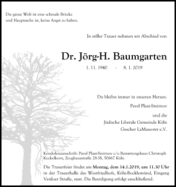 Anzeige von Jörg-H. Baumgarten von Kölner Stadt-Anzeiger / Kölnische Rundschau / Express