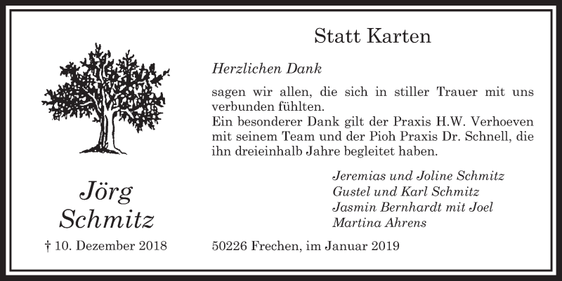  Traueranzeige für Jörg Schmitz vom 12.01.2019 aus  Sonntags-Post 