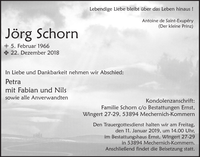  Traueranzeige für Jörg Schorn vom 05.01.2019 aus  Blickpunkt Euskirchen 