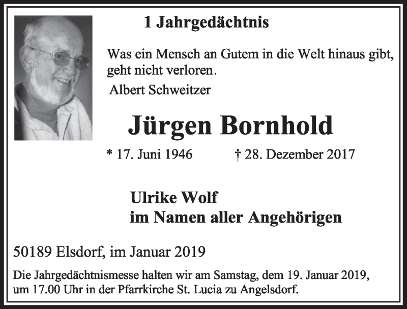  Traueranzeige für Jürgen Bornhold vom 12.01.2019 aus  Sonntags-Post 