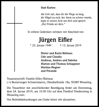 Anzeige von Jürgen Eifler von Kölner Stadt-Anzeiger / Kölnische Rundschau / Express