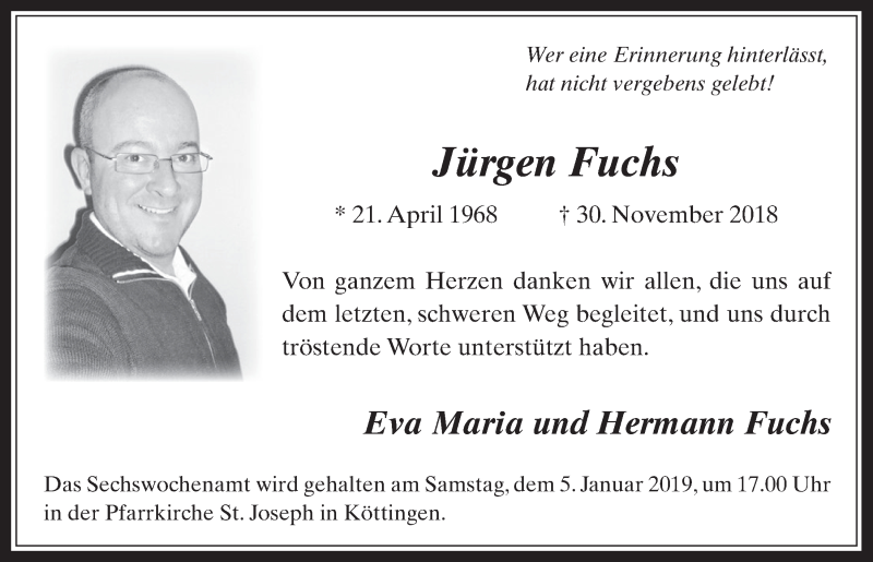  Traueranzeige für Jürgen Fuchs vom 02.01.2019 aus  Werbepost 