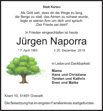 Anzeige von Jürgen Naporra von Kölner Stadt-Anzeiger / Kölnische Rundschau / Express