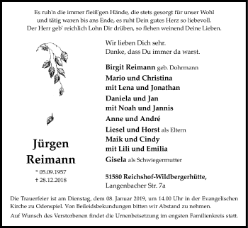 Anzeige von Jürgen Reimann von Kölner Stadt-Anzeiger / Kölnische Rundschau / Express