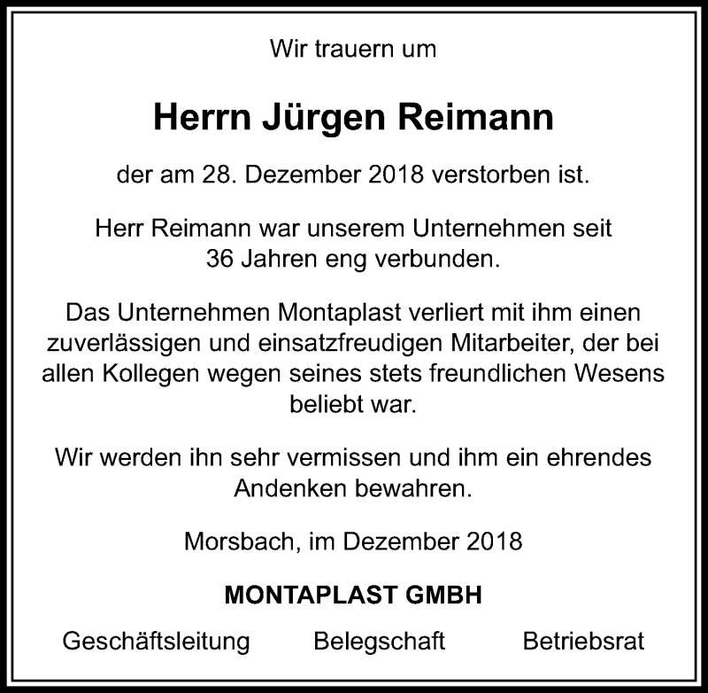  Traueranzeige für Jürgen Reimann vom 09.01.2019 aus Kölner Stadt-Anzeiger / Kölnische Rundschau / Express