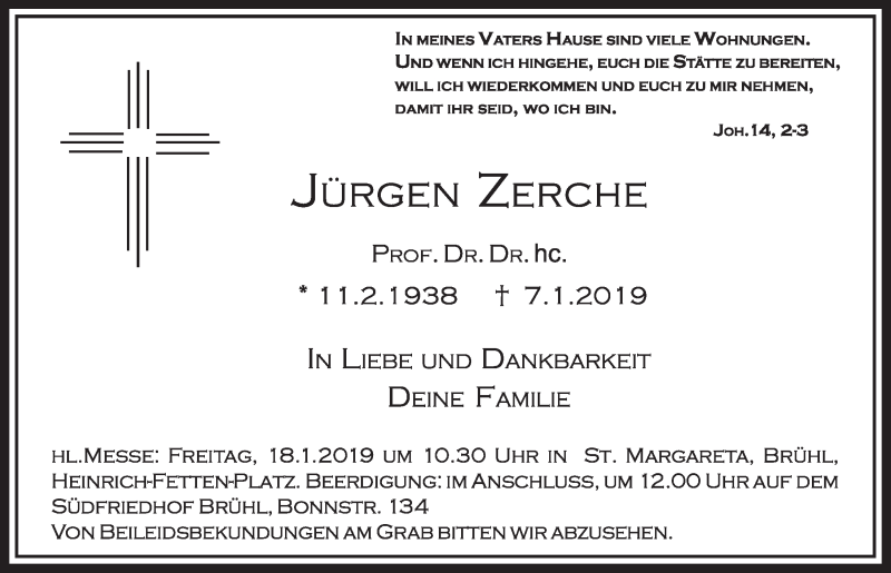  Traueranzeige für Jürgen Zerche vom 16.01.2019 aus  Schlossbote/Werbekurier 