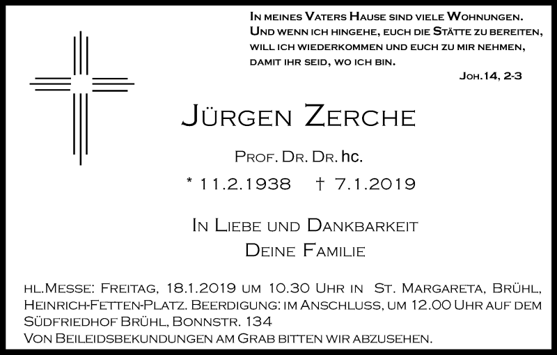  Traueranzeige für Jürgen Zerche vom 12.01.2019 aus Kölner Stadt-Anzeiger / Kölnische Rundschau / Express
