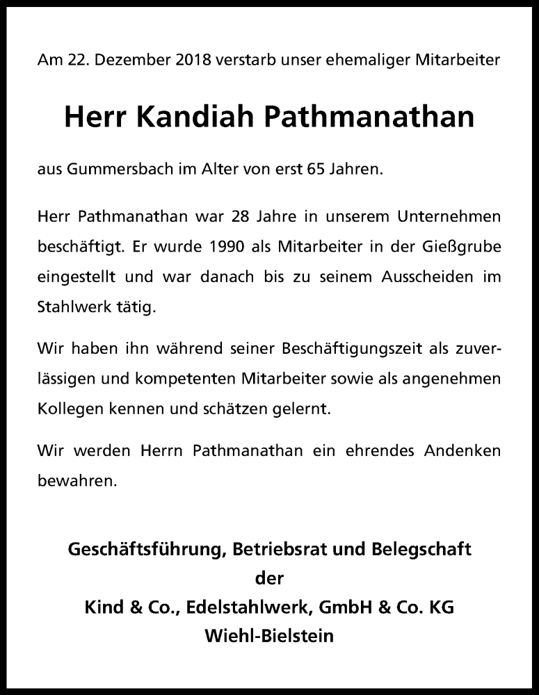  Traueranzeige für Kandiah Pathmanathan vom 04.01.2019 aus Kölner Stadt-Anzeiger / Kölnische Rundschau / Express