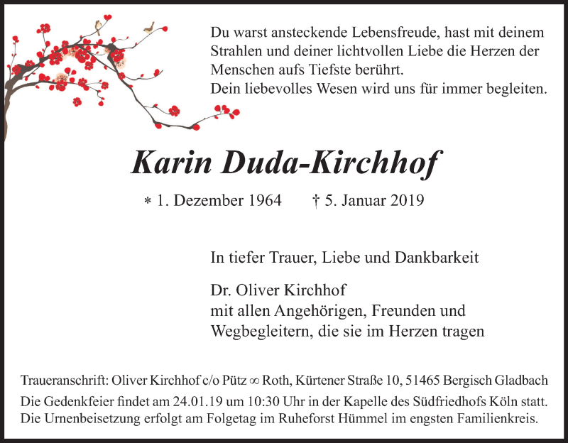 Traueranzeige für Karin Duda-Kirchhof vom 12.01.2019 aus Kölner Stadt-Anzeiger / Kölnische Rundschau / Express