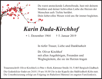 Anzeige von Karin Duda-Kirchhof von Kölner Stadt-Anzeiger / Kölnische Rundschau / Express