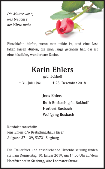 Anzeige von Karin Ehlers von Kölner Stadt-Anzeiger / Kölnische Rundschau / Express
