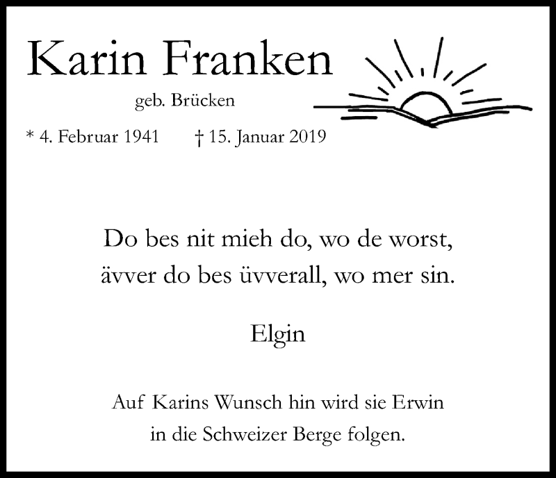  Traueranzeige für Karin Franken vom 19.01.2019 aus Kölner Stadt-Anzeiger / Kölnische Rundschau / Express