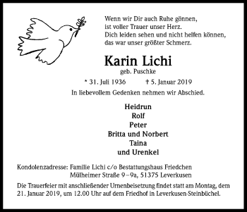 Anzeige von Karin Lichi von Kölner Stadt-Anzeiger / Kölnische Rundschau / Express