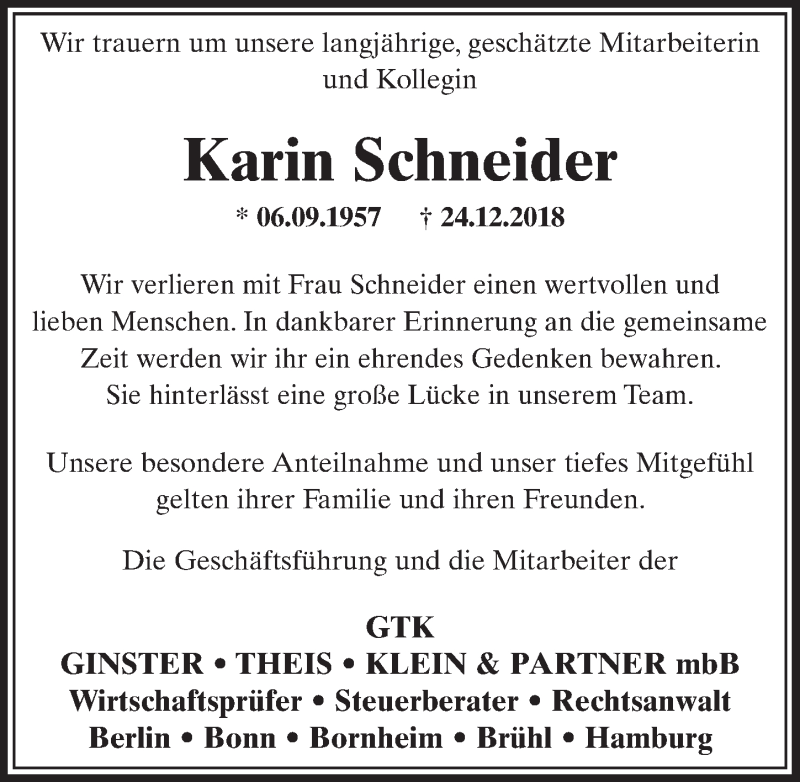  Traueranzeige für Karin Schneider vom 05.01.2019 aus  Blickpunkt Euskirchen 