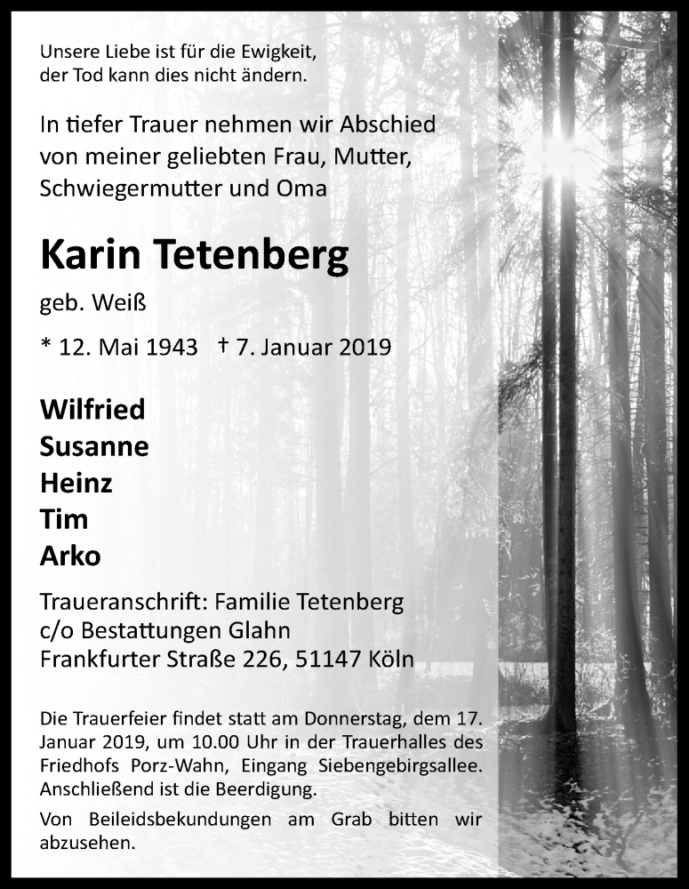  Traueranzeige für Karin Tetenberg vom 12.01.2019 aus Kölner Stadt-Anzeiger / Kölnische Rundschau / Express