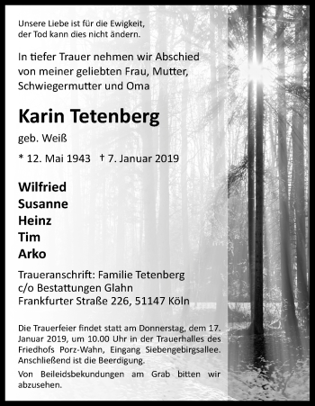 Anzeige von Karin Tetenberg von Kölner Stadt-Anzeiger / Kölnische Rundschau / Express