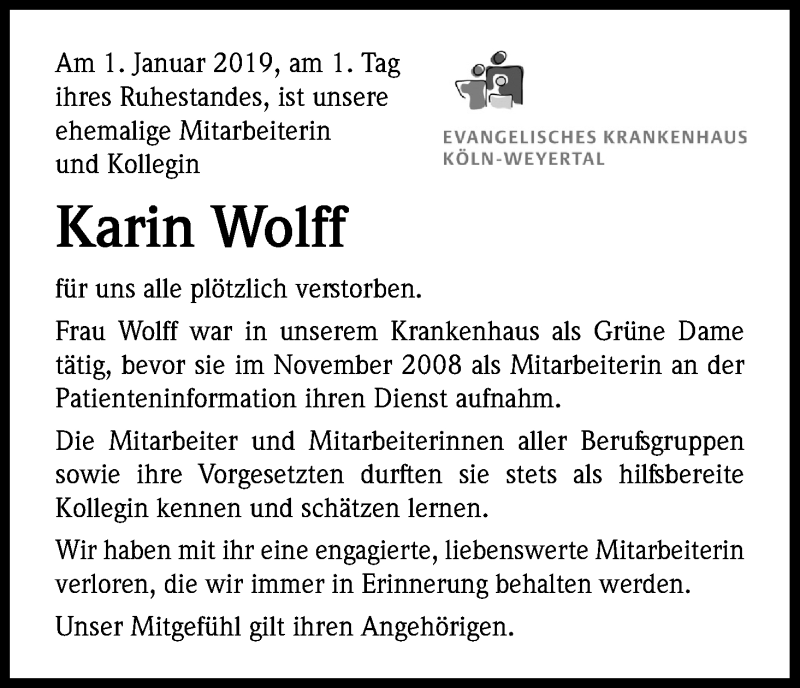  Traueranzeige für Karin Wolff vom 12.01.2019 aus Kölner Stadt-Anzeiger / Kölnische Rundschau / Express