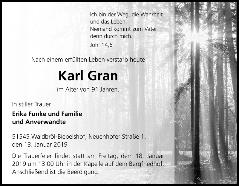  Traueranzeige für Karl Gran vom 16.01.2019 aus Kölner Stadt-Anzeiger / Kölnische Rundschau / Express