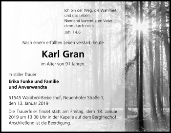 Anzeige von Karl Gran von Kölner Stadt-Anzeiger / Kölnische Rundschau / Express