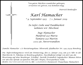 Anzeige von Karl Hamacher von Kölner Stadt-Anzeiger / Kölnische Rundschau / Express